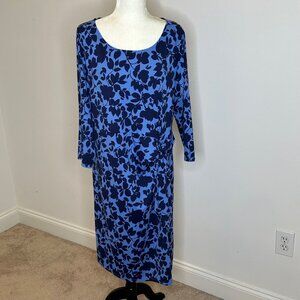 Talbots 1X Floral Midi Dress Long Sleeve Blue Navy Pullover Office Bussiness